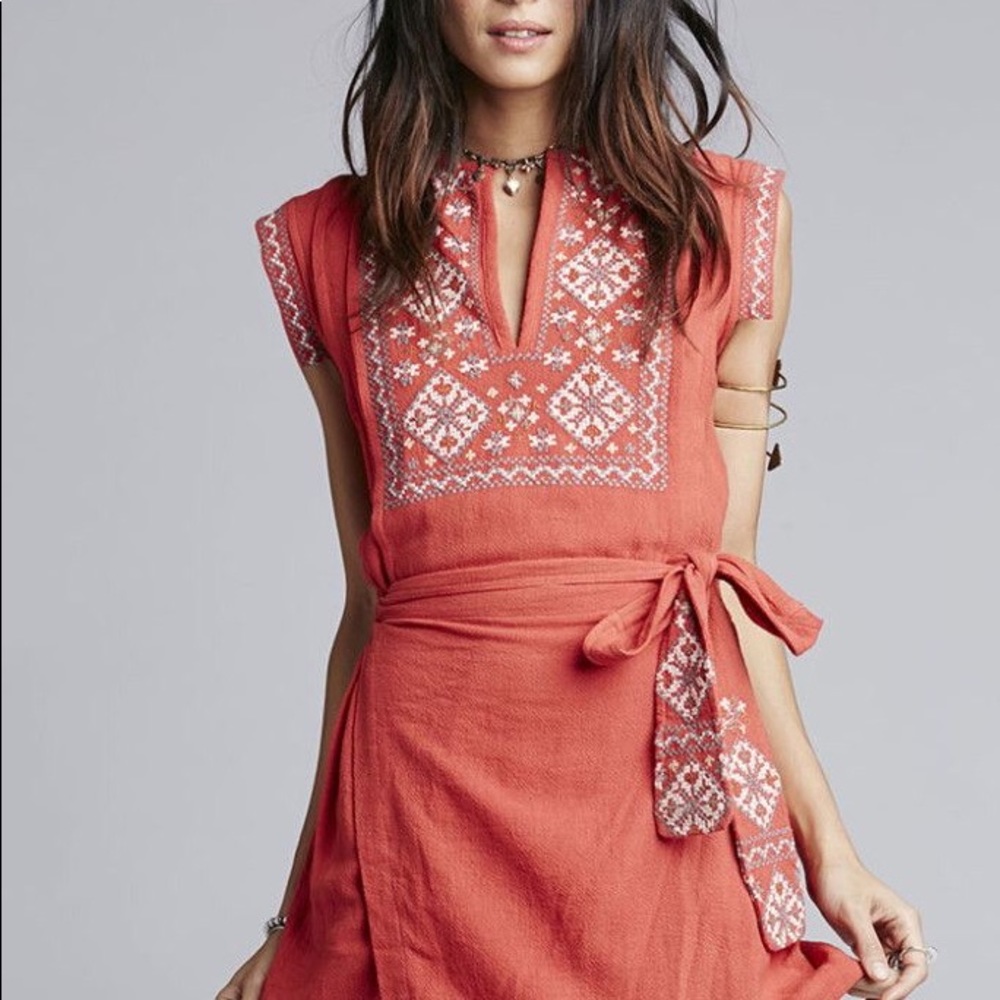 Free People Embroidered Mini Wrap Dress Papaya